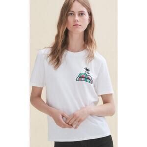 Maje Women’s Short Sleeve Cotton Tee White “Dimanche” Embroidered Size 1 Small